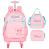 Kit mochila carrinho infantil 2 em 1 com rodinhas de skate 360°, lancheira térmica e estojo escolar box Stitch Disney Luxcel - rosa