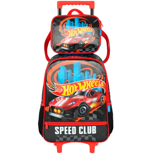 Kit mochila carrinho infantil 2 em 1 e lancheira térmica Hot Wheels Mattel Luxcel - preto