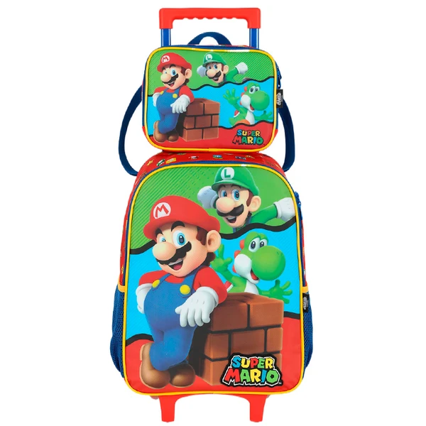 Kit mochila carrinho infantil 2 em 1 e lancheira térmica Super Mario Nintendo Luxcel - vermelho