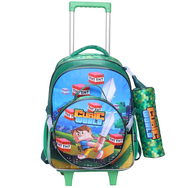 Kit mochila carrinho infantil 2 em 1, lancheira térmica e estojo escolar Pixel Cubic World