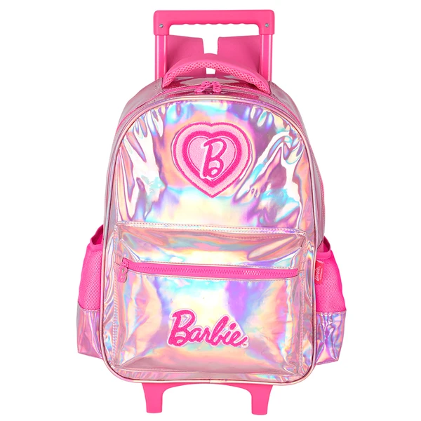 Kit mochila carrinho infantil 2 em 1, lancheira térmica e estojo escolar box pink holográfico Barbie Mattel Luxcel + brinde