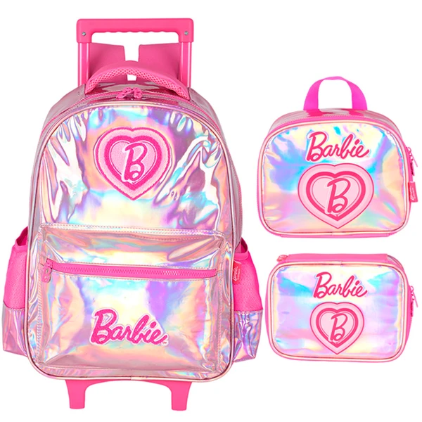 Kit mochila carrinho infantil 2 em 1, lancheira térmica e estojo escolar box pink holográfico Barbie Mattel Luxcel + brinde