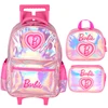 Kit mochila carrinho infantil 2 em 1, lancheira térmica e estojo escolar box pink holográfico Barbie Mattel Luxcel + brinde