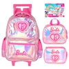 Kit mochila carrinho infantil 2 em 1, lancheira térmica e estojo escolar box pink holográfico Barbie Mattel Luxcel + brinde