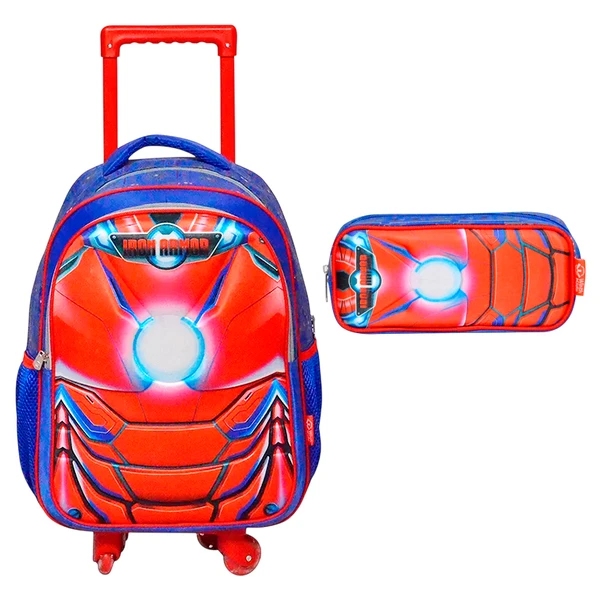 Kit mochila carrinho infantil 360° e estojo escolar Iron Armor