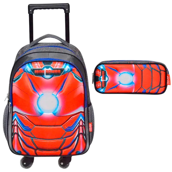 Kit mochila carrinho infantil 360° e estojo escolar Iron Armor
