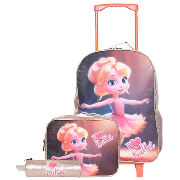 Kit mochila carrinho infantil, lancheira térmica e estojo escolar Bailarina