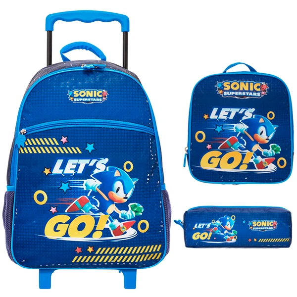 Kit mochila carrinho infantil, lancheira térmica e estojo escolar Sonic The Hedgehog Let's Go! SEGA Pacific