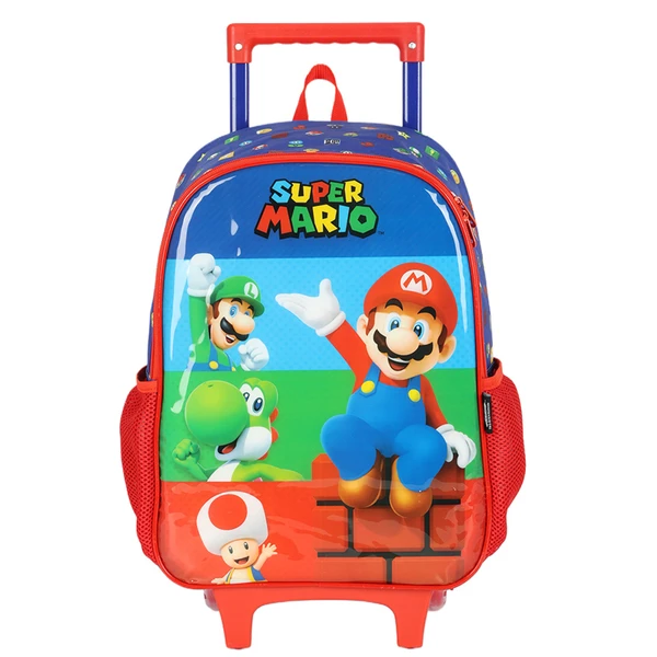 Kit mochila carrinho infantil, lancheira térmica e estojo escolar duplo Super Mario Nintendo - vermelho