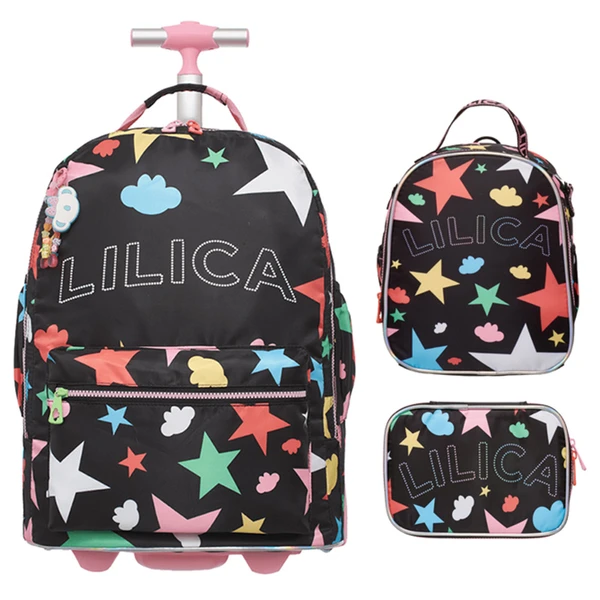Kit mochila carrinho, lancheira térmica 2 em 1 e estojo escolar box Lilica Ripilica Prisma