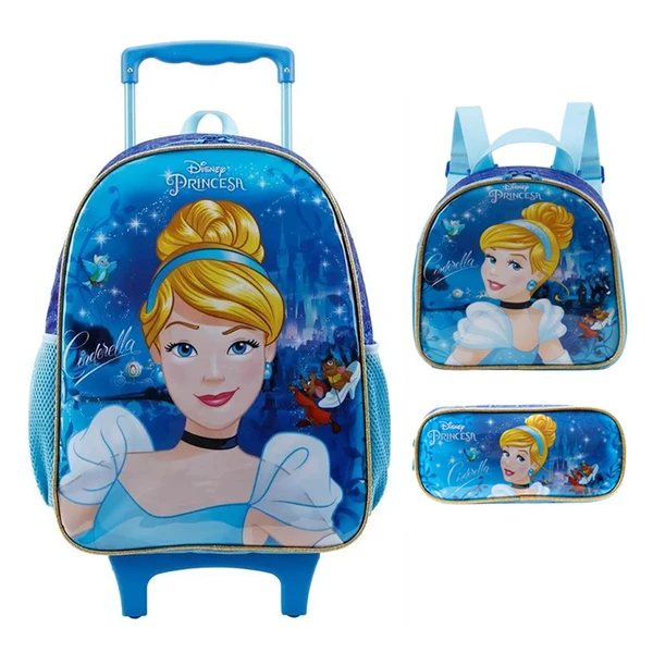 Kit mochila carrinho, lancheira térmica e estojo Cinderela X 16"