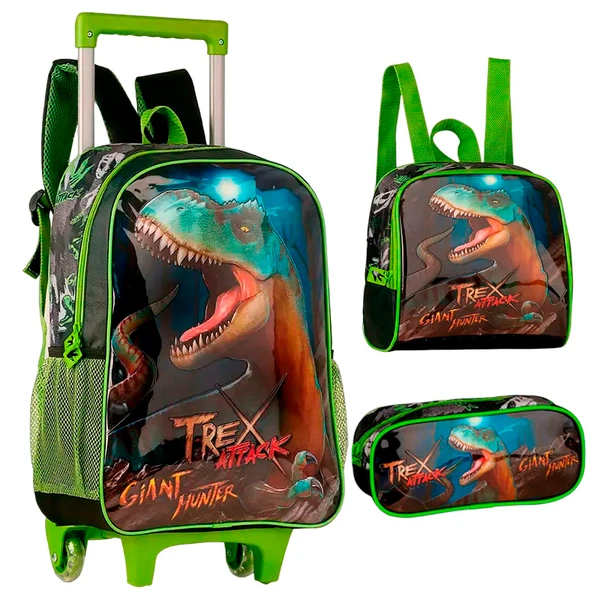Kit mochila carrinho, lancheira térmica e estojo T-Rex Attack 16"