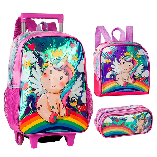 Kit mochila carrinho, lancheira térmica e estojo Unicórnio 16"