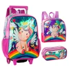 Kit mochila carrinho, lancheira térmica e estojo Unicórnio 16"
