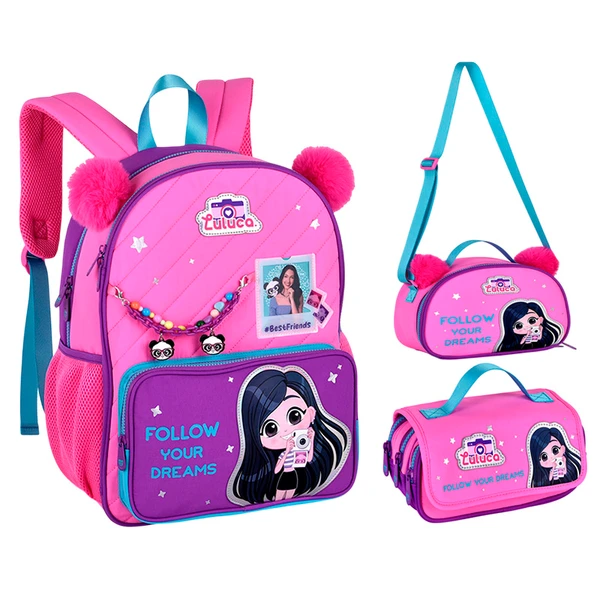 Kit mochila de costas 16" com orelhinhas de pompom, lancheira térmica 9" e estojo escolar Follow Your Dreams Luluca
