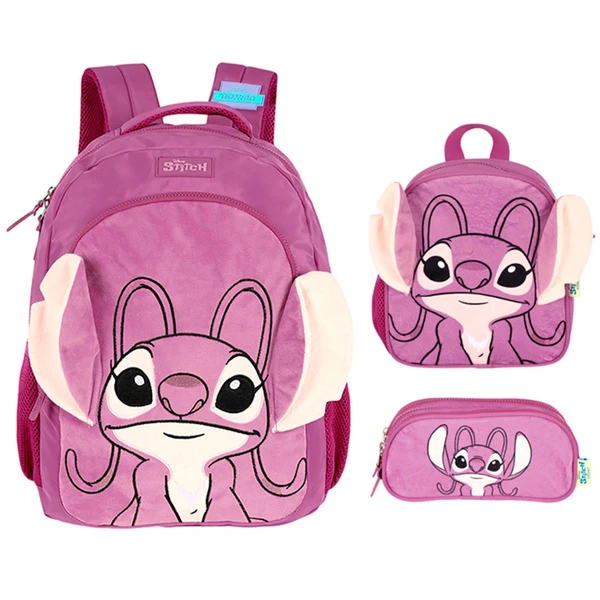 Kit mochila de costas, lancheira térmica e estojo escolar Angel Stitch Disney Luxcel - roxo