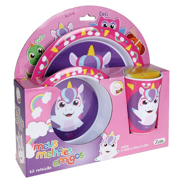 Kit refeição infantil Unicórnio Nina 3 peças