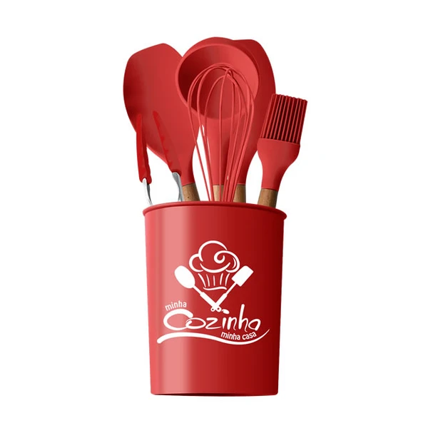 Kit utensílios de silicone com cabo de madeira vermelho 7 peças