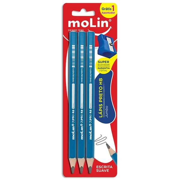 Lápis grafite HB Jumbo 3 unidades + apontador Molin