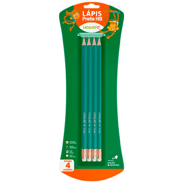 Lápis grafite HB de resina com formato sextavado e borracha na ponta Leo&Leo 4 unidades