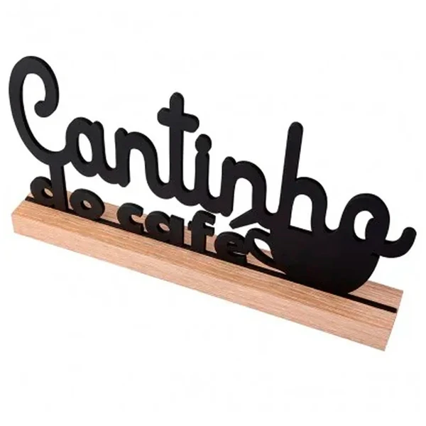 Letreiro Cantinho do Café preto com base de madeira 26,8x3,8x13,7