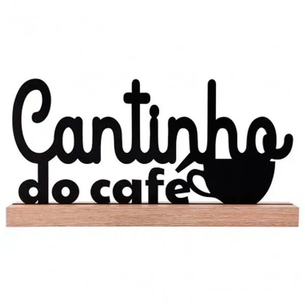 Letreiro Cantinho do Café preto com base de madeira 26,8x3,8x13,7