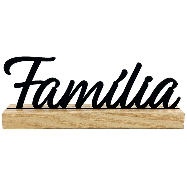 Letreiro Família preto com base de madeira 20 cm