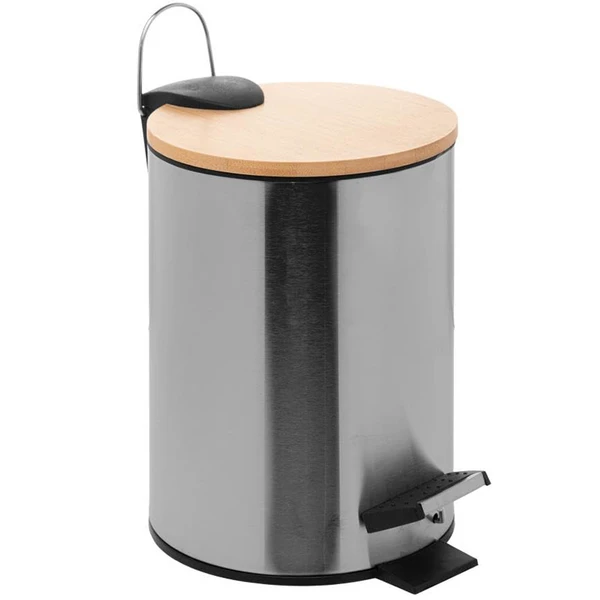 Lixeira de aço inoxidável com tampa de bambu e abertura por pedal Lyor 3 litros