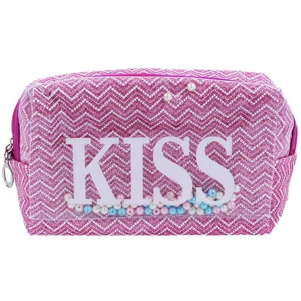 Necessaire com alça holográfica e estampa Kiss com miçangas 17,5x9,5x7