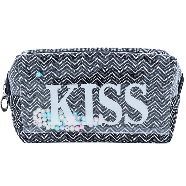 Necessaire com alça holográfica e estampa Kiss com miçangas 17,5x9,5x7