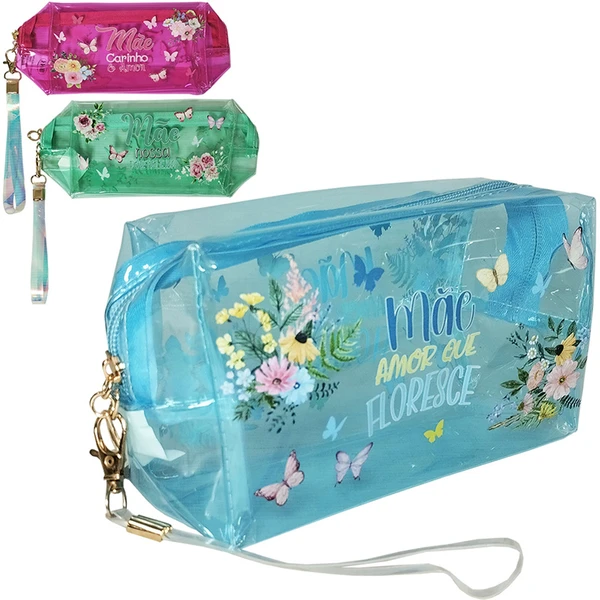 Necessaire com alça holográfica e estampa temática Mãe 18x10x7