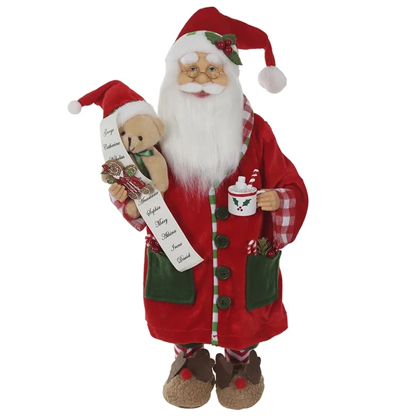 Papai Noel em pé com pijama, lista de nomes e urso natalino 45 cm