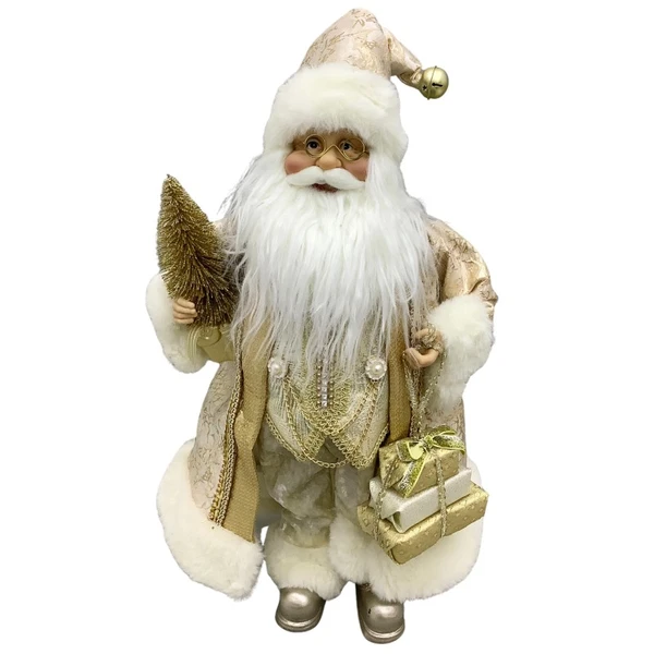 Papai Noel em pé com roupa dourada, caixa de presentes, árvore de Natal e guizo no gorro 30 cm