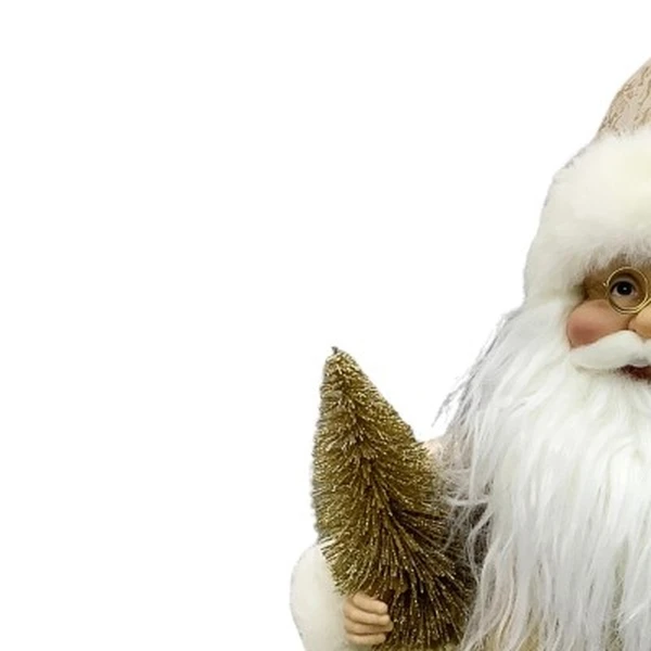 Papai Noel em pé com roupa dourada, caixa de presentes, árvore de Natal e guizo no gorro 30 cm