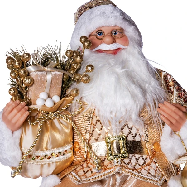 Papai Noel em pé com roupa dourada, saco de presentes e guizo no gorro 60 cm