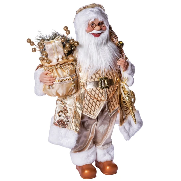 Papai Noel em pé com roupa dourada, saco de presentes e guizo no gorro 60 cm