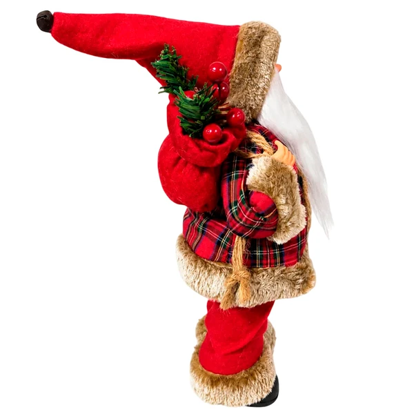 Papai Noel em pé com roupa xadrez, saco de presentes e guizo no gorro Grillo 30 cm