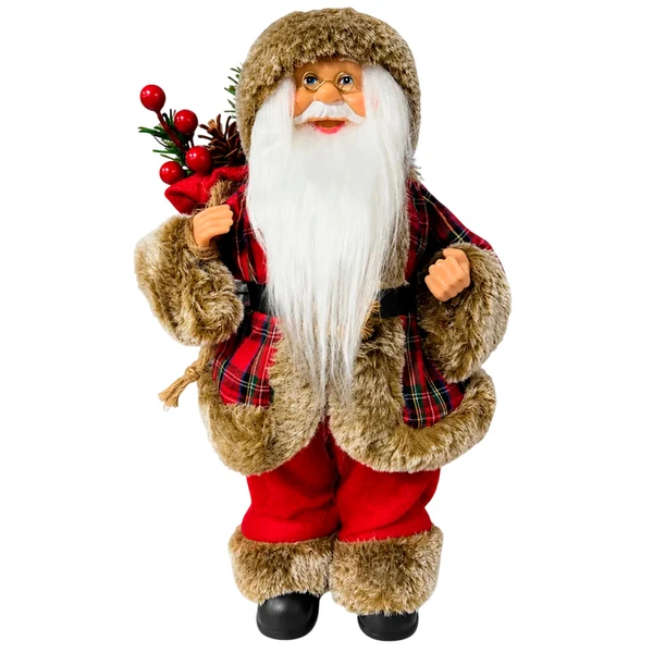 Papai Noel em pé com roupa xadrez, saco de presentes e guizo no gorro Grillo 30 cm