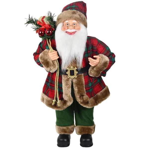 Papai Noel em pé com roupa xadrez, saco de presentes e guizo no gorro Grillo 40 cm