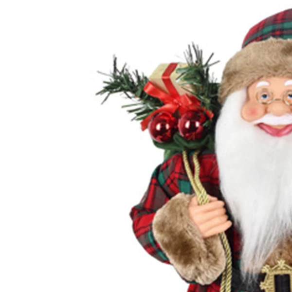 Papai Noel em pé com roupa xadrez, saco de presentes e guizo no gorro Grillo 40 cm