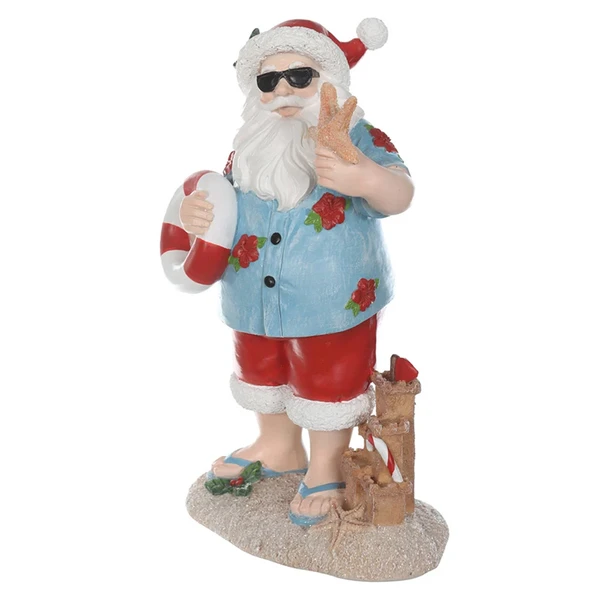 Papai Noel em pé roupa de verão, boia natalina e castelo de areia 24,5x11