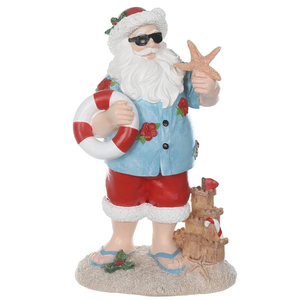 Papai Noel em pé roupa de verão, boia natalina e castelo de areia 24,5x11