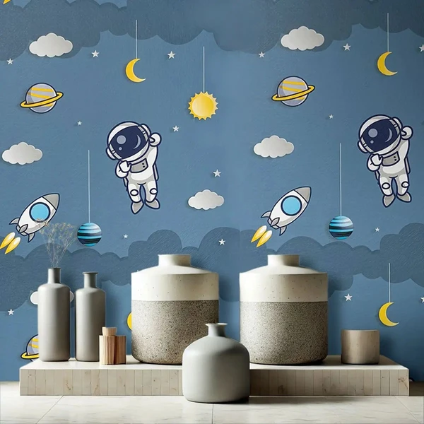 Papel de parede autoadesivo astronauta e foguete no espaço 45x500