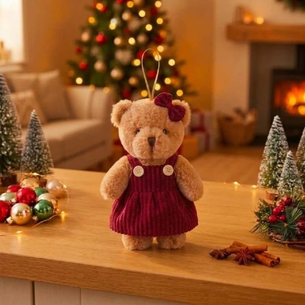 Pendente natalino Urso de pelúcia com roupa vermelha 12 cm