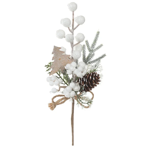 Pick arranjo natalino folhagem, Azevinho Berry branco e pinha 28 cm