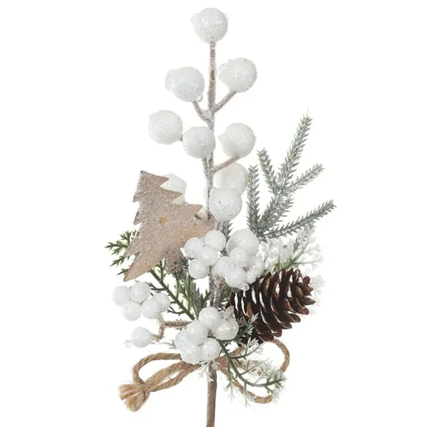 Pick arranjo natalino folhagem, Azevinho Berry branco e pinha 28 cm