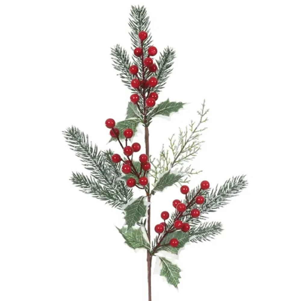 Pick arranjo natalino folhagem nevada e Azevinho Berry vermelho 67 cm