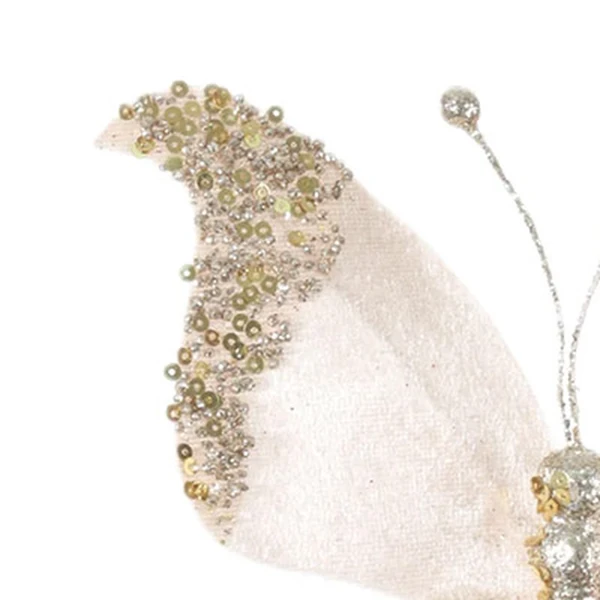 Pick natalino Borboleta em veludo champanhe com glitter flocado 15 cm