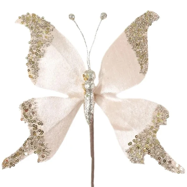 Pick natalino Borboleta em veludo champanhe com glitter flocado 15 cm
