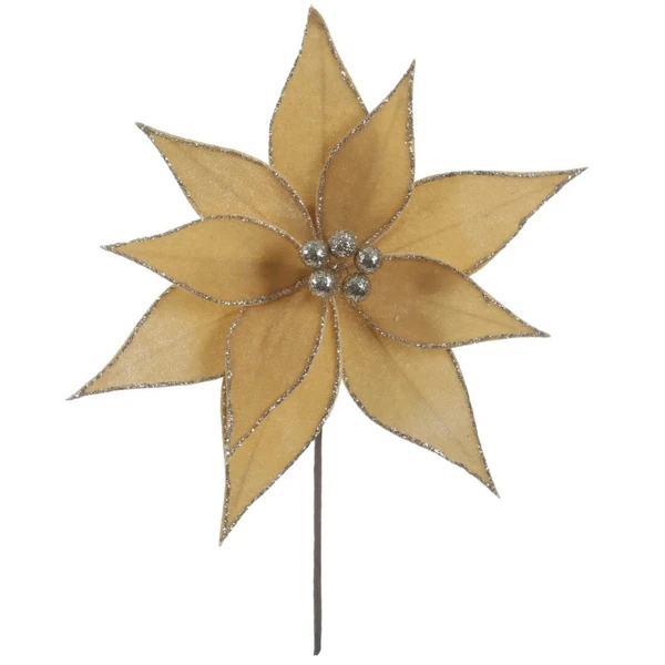 Pick natalino Flor Poinsétia Bico de Papagaio champanhe em veludo com glitter 20x25
